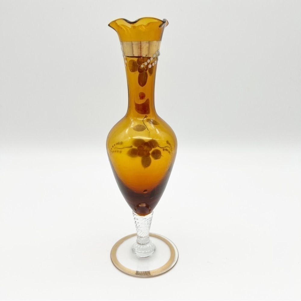 Vintage Amber Art Glass Floral Fluted Hand Painted Bud Vase With Gold Trim 7.75” - Picture 6 of 10